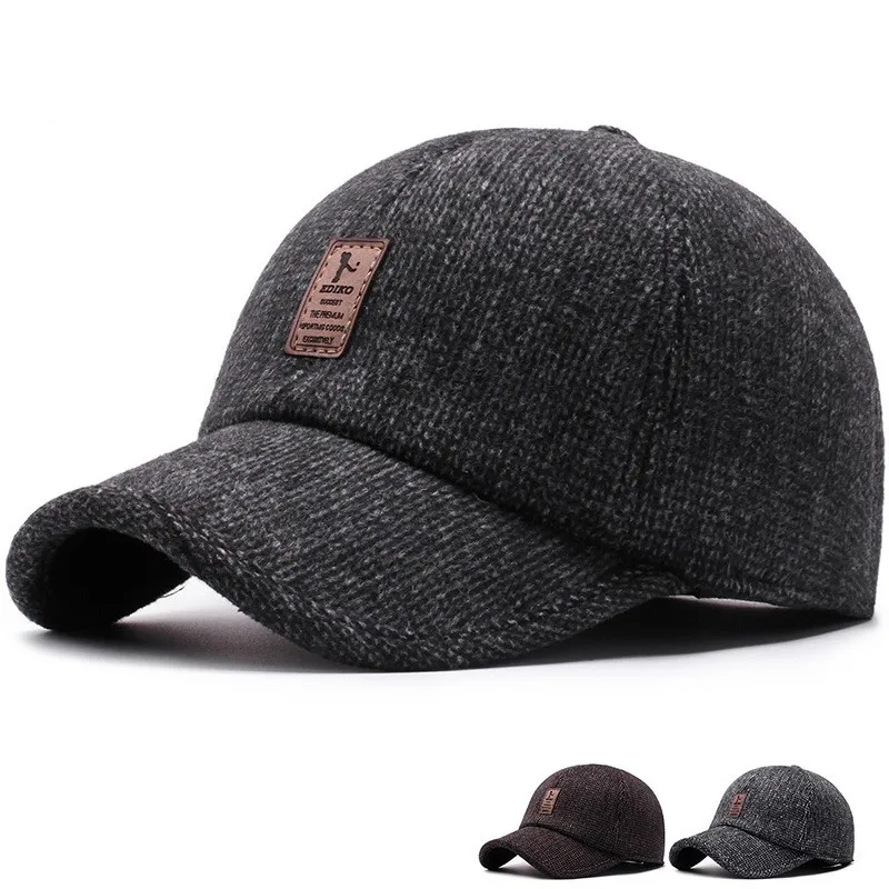 New Baseball Cap Woolen Knitted Winter Ear Cover Baseball Cap Men Thicken Warm Hats with Earflaps Sport Golf Hats Snapback