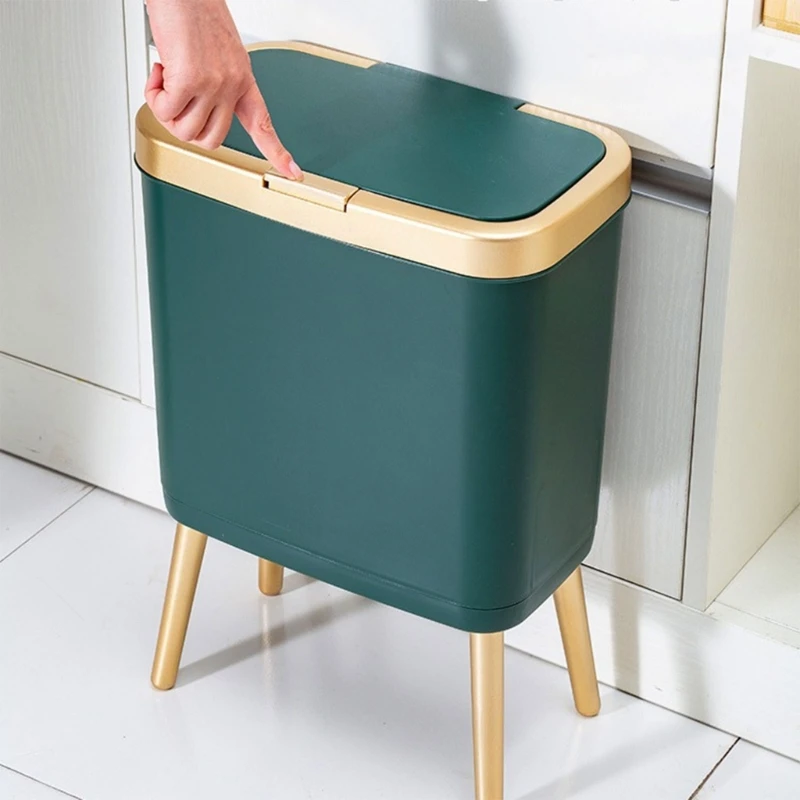 High Leg Push Trash Can Waste Bin with Press Open Lid Odor Sealing Perfect for Various Rooms, Stain Resistant