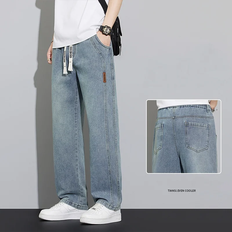 

2025 Summer Thin Retro Blue Jeans for Teenagers American Fashion Brand Loose Slush Versatile Casual Wide-leg Pants M-4XL