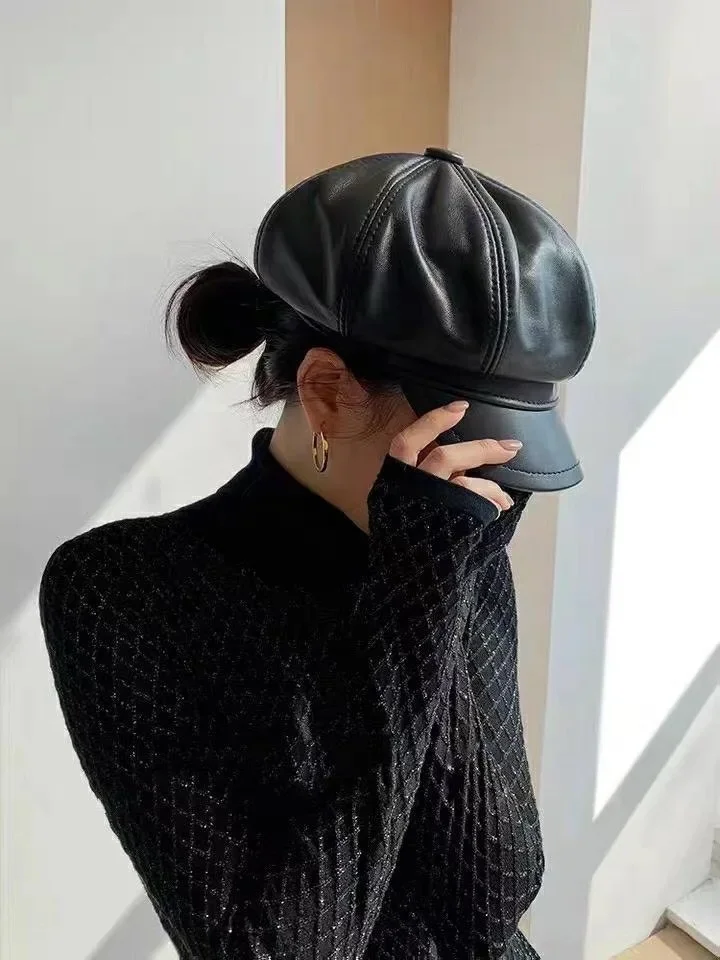 Genuine Leather Beret Hat Winter Spring Hats For Women Painter Cap Vintage Beret Female Black Boinas England Style Hat