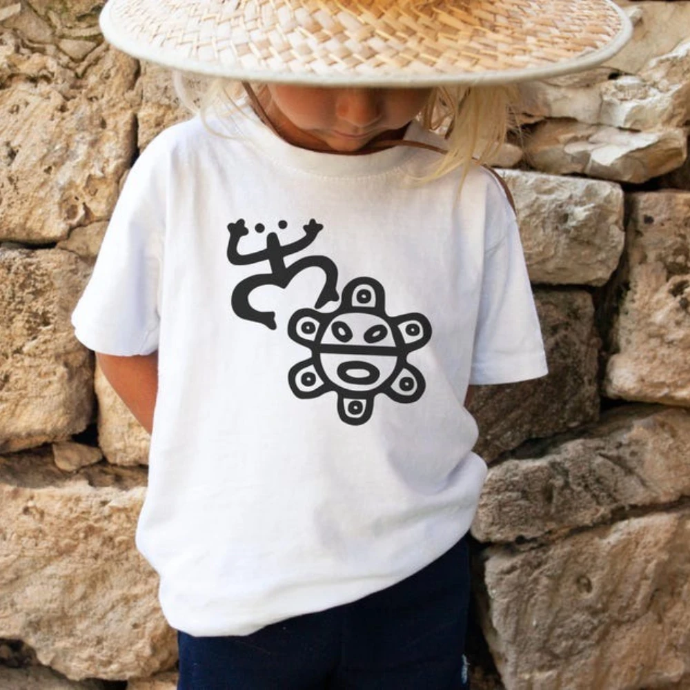 

Taino Sun Coqui Frog Graphic Shirt Kids Boys and Girls Cotton Tops Puerto Rican Indigenous Tribal Symbol Minimalist Line Art Tee