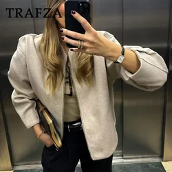 TRAFZA 2024 Jesień Zima Kobiety Dorywczo Solidne Kurtki Moda Zamek błyskawiczny V Szyja Plisowana Streetwear Eleganckie Kurtki Damskie