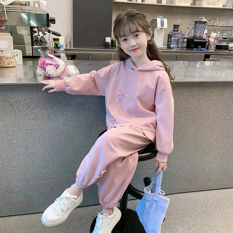 2026 Spring Autumn Girls Fashion Plain Sweet Sweatshirt+Sweatpant Sets School Kids 2PCS Tracksuit Children Jogging Outfit 5-16 Y