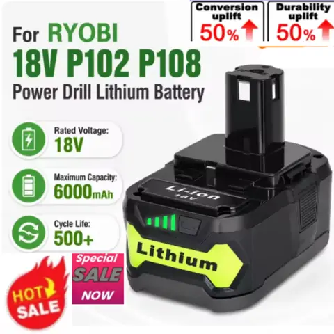 6.0Ah 9.0Ah 12Ah 18AhBattery Pack For RYOBI P108 P103 18V Battery 18 Volt Lithium-Ion Power Tools P104 P107 RB18L50 RB18L20 P108