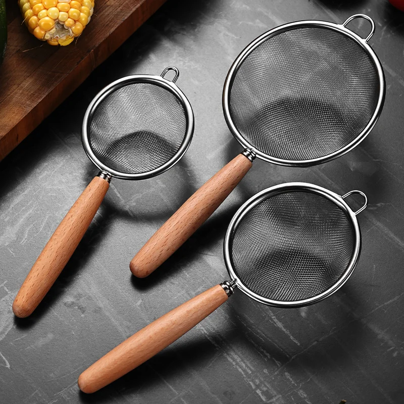 Stainless Steel Strainers Spoon Mini Filter Colander Oil Juicer Filter Mesh Strainer For Cooking And Frying Wooden Handle