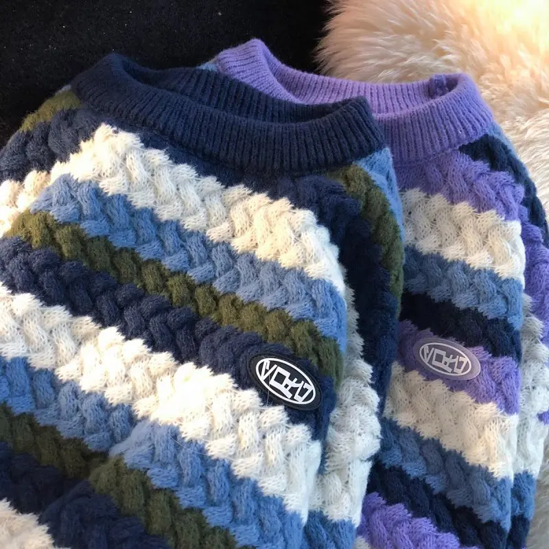 Loose Men's Knitted Sweater Autumn New Sle American Retro round Ne Long Sve Twisted Stripe Pattern Casual Faion