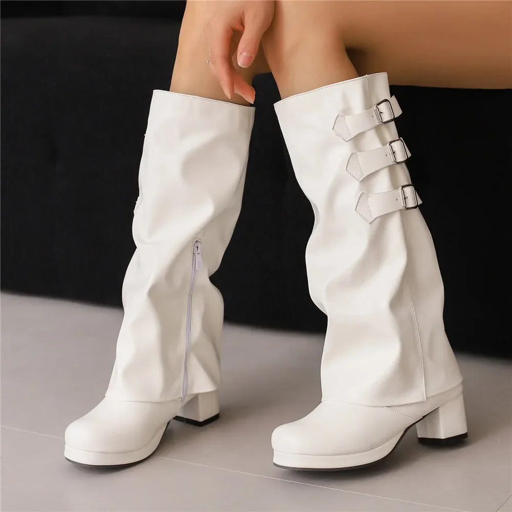 

Gothic Punk Women Thick Bottom Knee High Boots Womens Belt Buckle Motorcycle Long Boots White High Heels Neutral Unisex Shoes