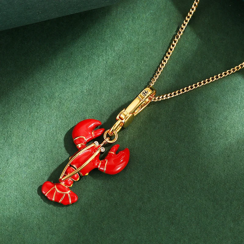 

1Pc Lovely Diamond-encrusted Enamel Red Crayfish Pendant, Animal Design Necklace, Exquisite Jewelry Keychain Sweater Chain Gift