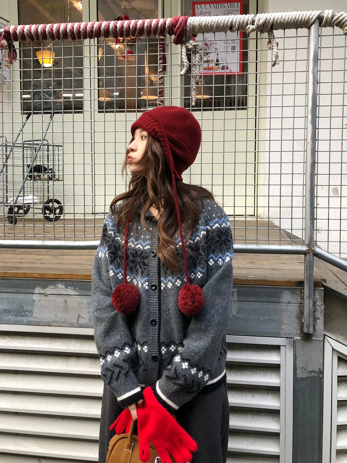 

Retro ey Fair Isle Hoodie Sweater for Girls New 24 Endl Ohand's Polyester Fiber Long Sve Hooded Knittedwear