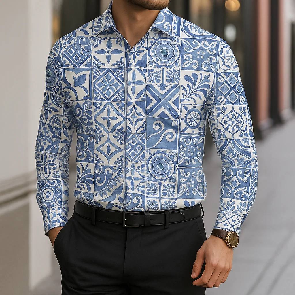 الرجال قميص طويل الأكمام عادية سليم صالح زر أسفل قميص البحر الأبيض المتوسط بلاط نمط قميص للرجال قمة الموضة بلوزة الذكور المحملة