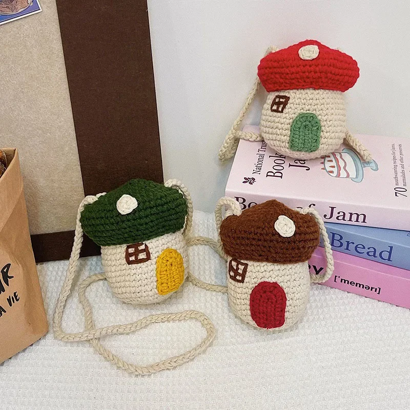 New Children's Bag Girls Boys Cute Mini Mushroom Shoulder Bag Kid's Cartoon Crocheting Bag 3 Colors