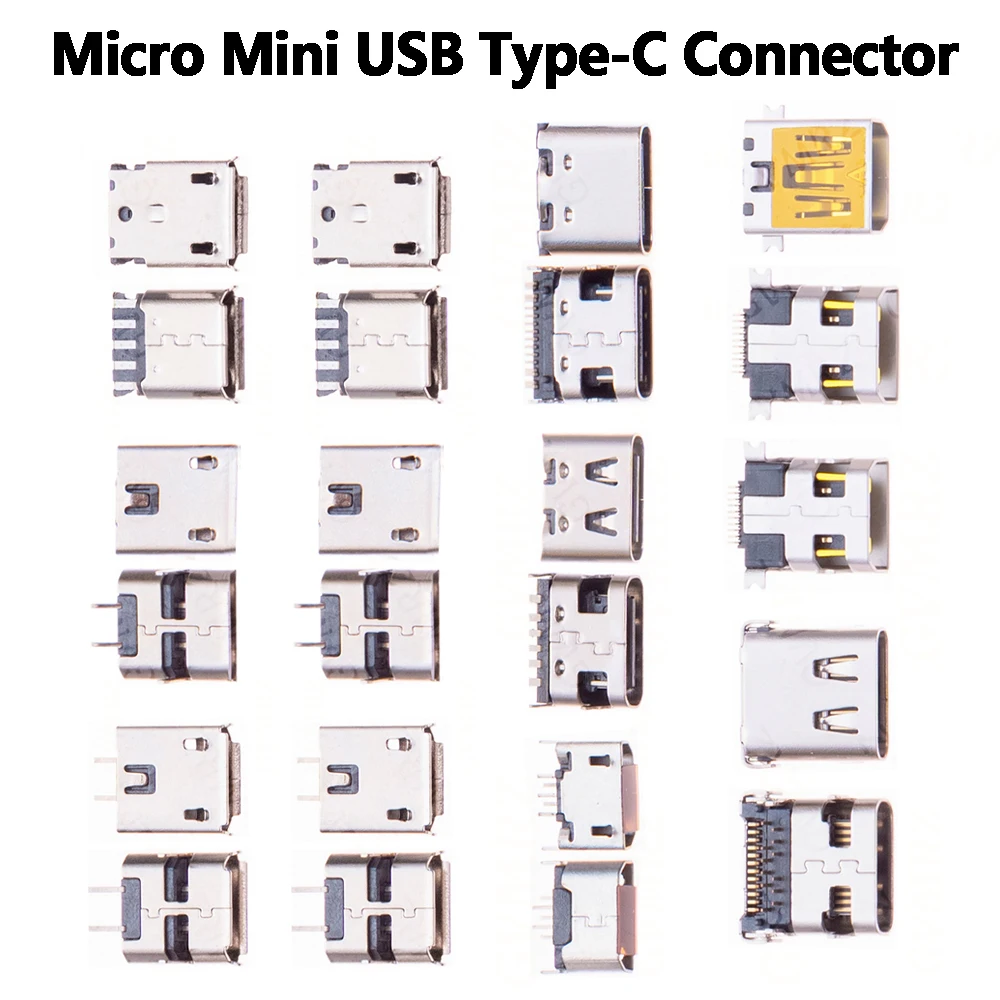 Micro Mini USB Type-C Connector Jack Mix Kit 2P 5P 6P 16P 24P Male Female Charging Port Socket SMT DIP For Phone PCB Repair