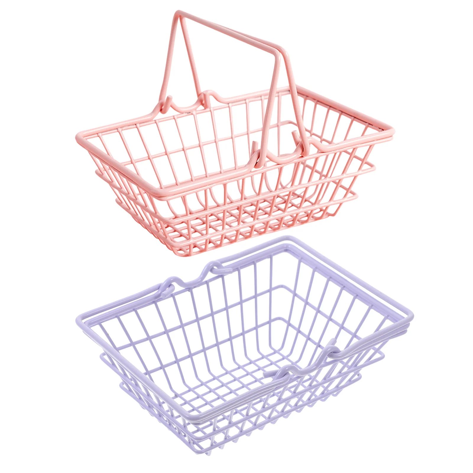 ตะกร้าช้อปปิ้งขนาดเล็ก 2 ชิ้น ตะกร้าลวดใส่ของชำสำหรับเด็กเล่น มีหูหิ้ว พกพาสะดวก ใช้จัดเก็บของตกแต่งบ้าน กล่องจัดระเบียบขนาดเล็ก