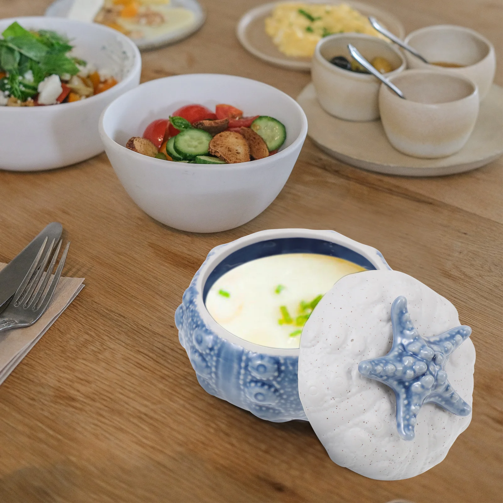 1Pcs Ceramic Storage Jar Blue Ocean Style Steaming Bowl Durable Multi-Function Container for Kitchen Camping Ceramic Stew Pot