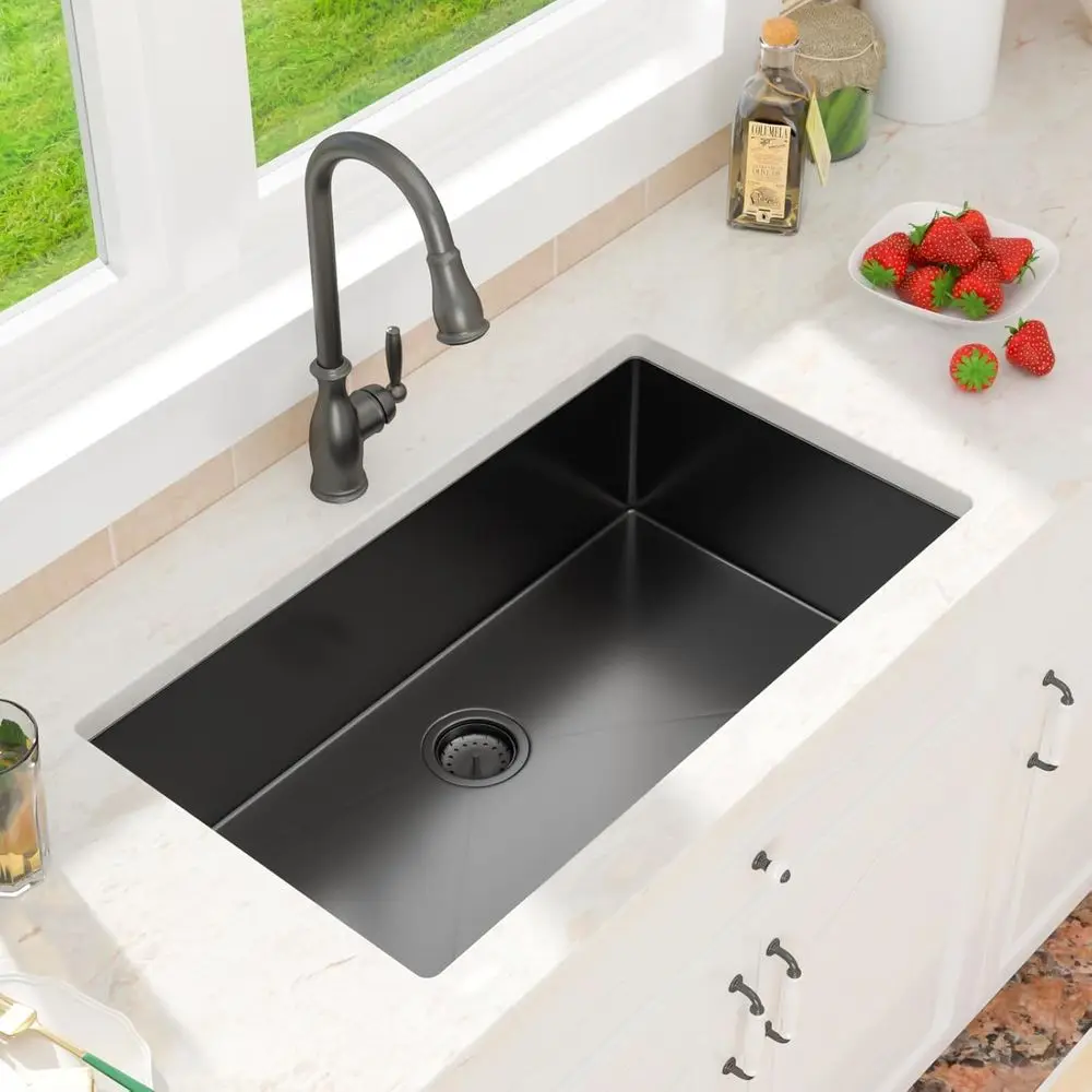 

33 Inch Black Undermount Kitchen Sink-33x19 Gunmetal Black Undemrount Sink 18 Gague StainlSteel Single Bowl Handmade Sinks Large