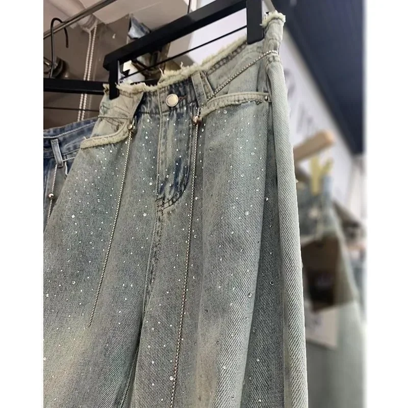 European Goods Heavy Iron Drill Full Star Raw Edge High Waist Jeans Female Summer Thin Loose Fashion Mop Wide-leg Pants