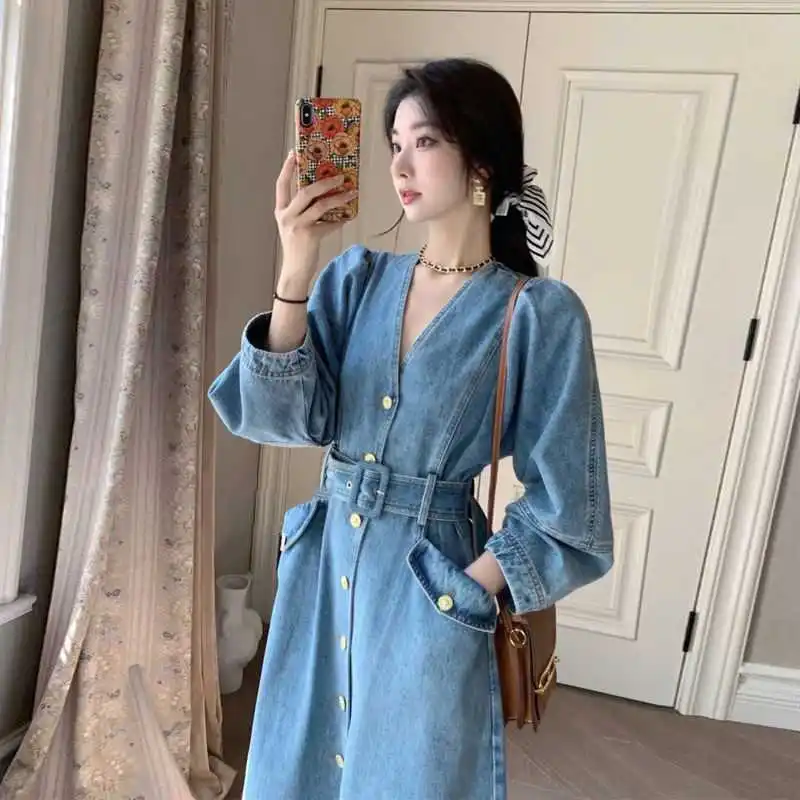

Blue Denim Dress Ladies' 2025 Spring Autumn New Slim Fit V-neck Long Skirt Korean Casual A-line Large Pocket With Belt Dresses