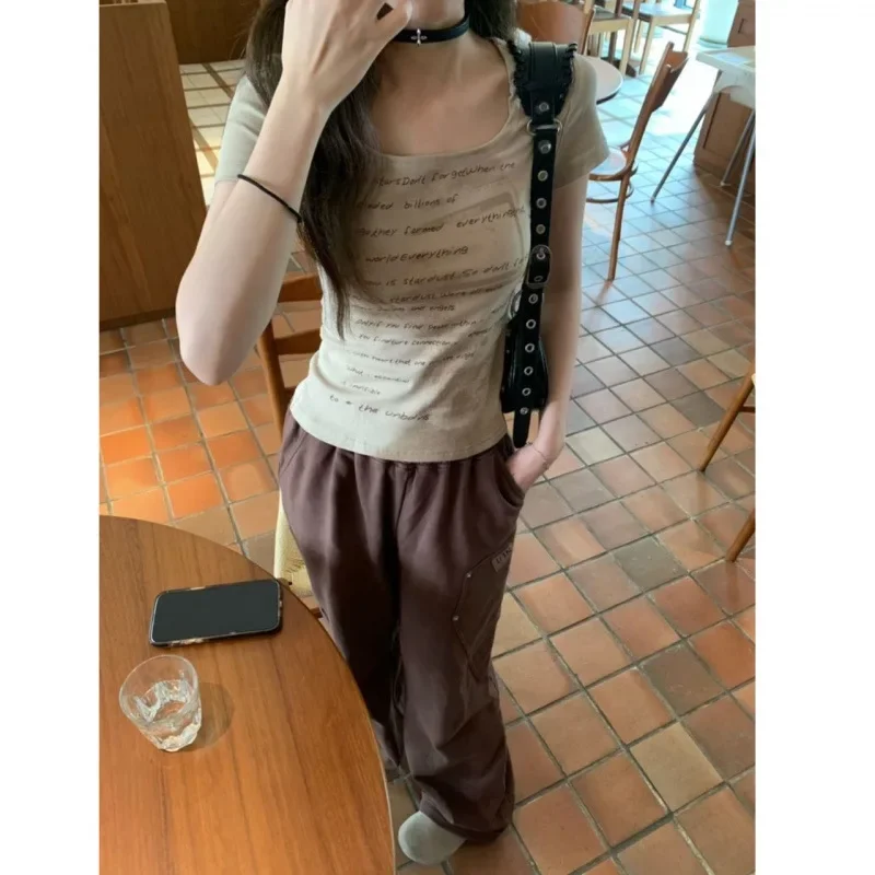 NICE American Retro Short Sleeve U-Neck T-Shirt 260g Slimming Design Sensation Summer Top Women's Fashion Casual Wear