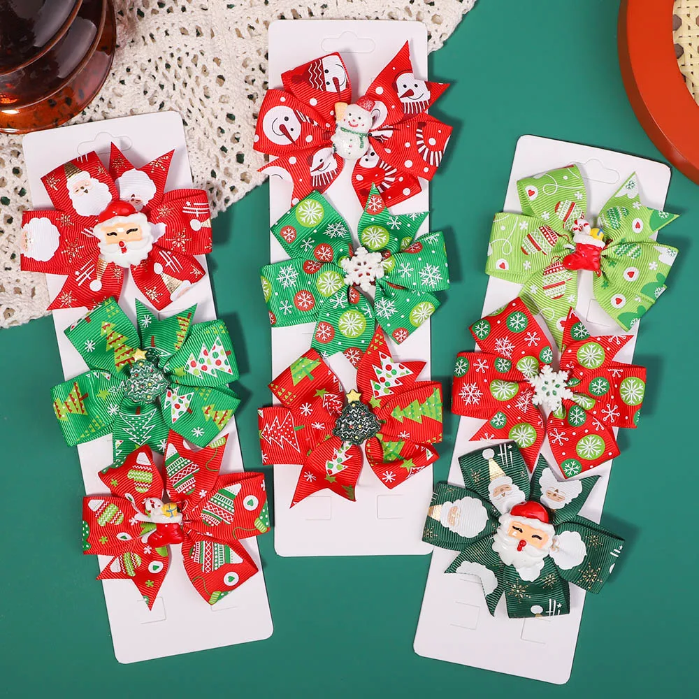 4 Stück/Set 3,15 Zoll süße Schneeflocken bedrucktes Ripsband Haarschleifen Clips für Baby Mädchen Weihnachtsthema Fröhliches Haarnadel-Set