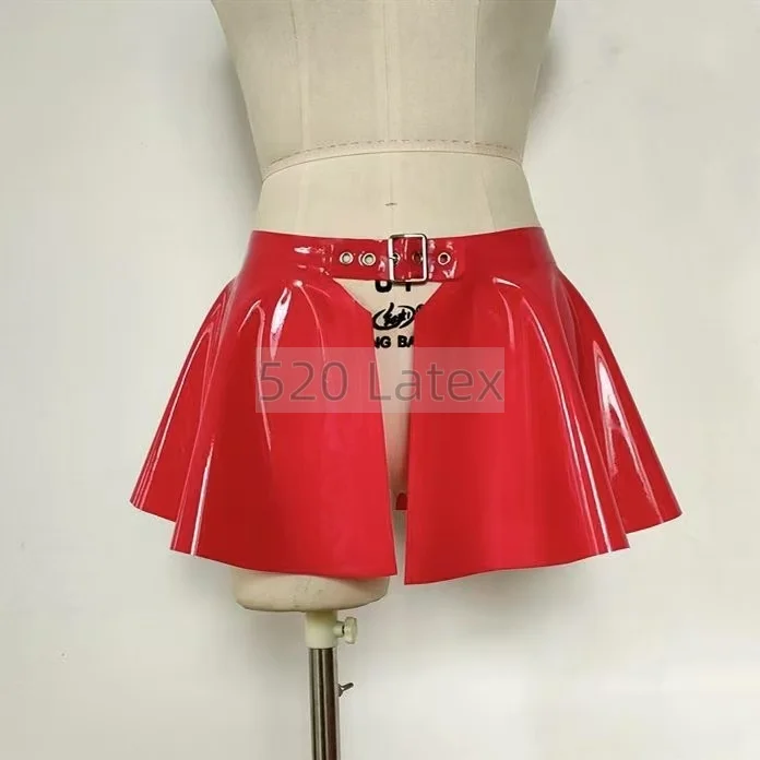 

Sexy Women Handmade Red Natural Latex Gummi Mini Dress With Buckle Peplum Belt Fetish Lady's Cospaly Party Skirt