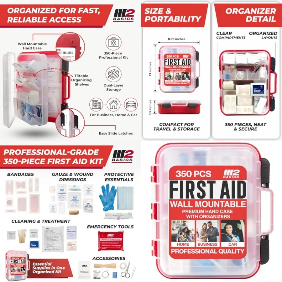 

350 Piece First Aid Kit, Wall Mount Hard Case with Dual Layer Compartments for Workplace, Office, Warehouse, Home, Car