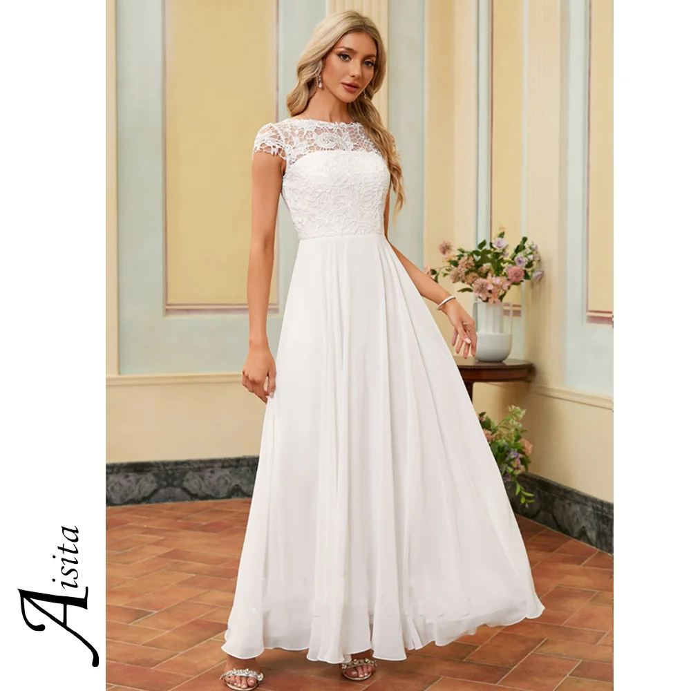 customized A-line Wedding Dresses Scoop Neck Short Sleeves Bride Dresses Chiffon Lace Wedding Dresses For Woman Dresses Vestidos