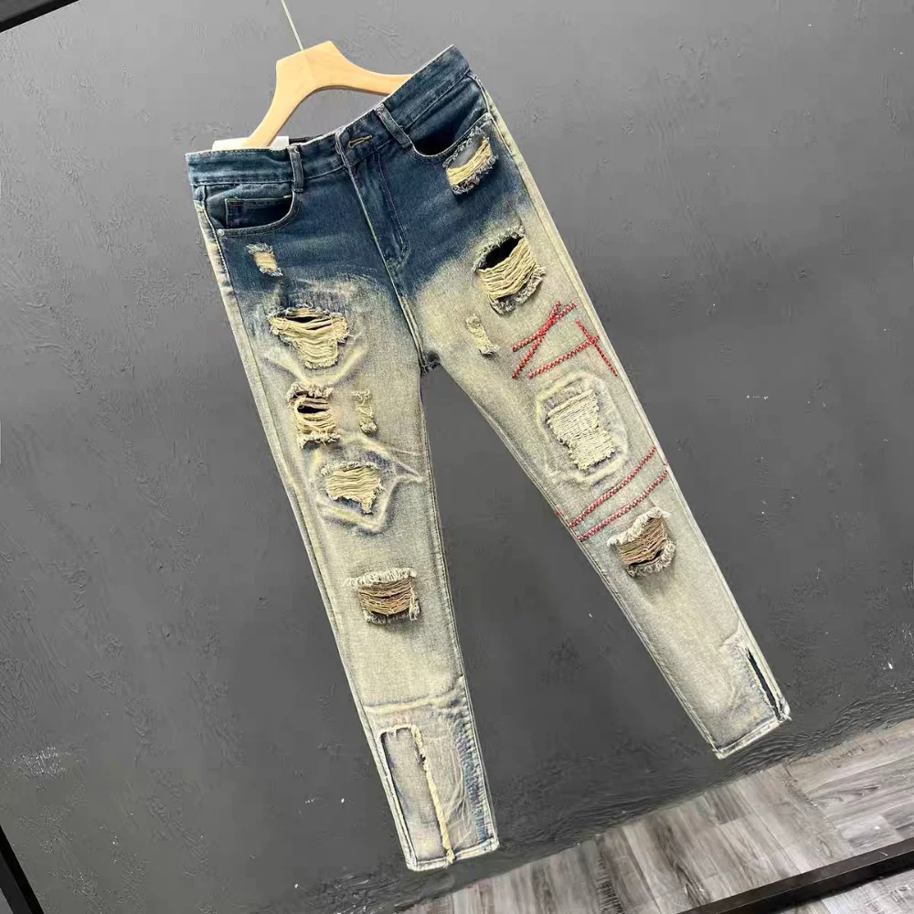 Hole ripped jeans men Slim Fit Skinny jeans Hip hop fashion Streetwear patchwork jeans Elasticity Gothic pants men pantalon