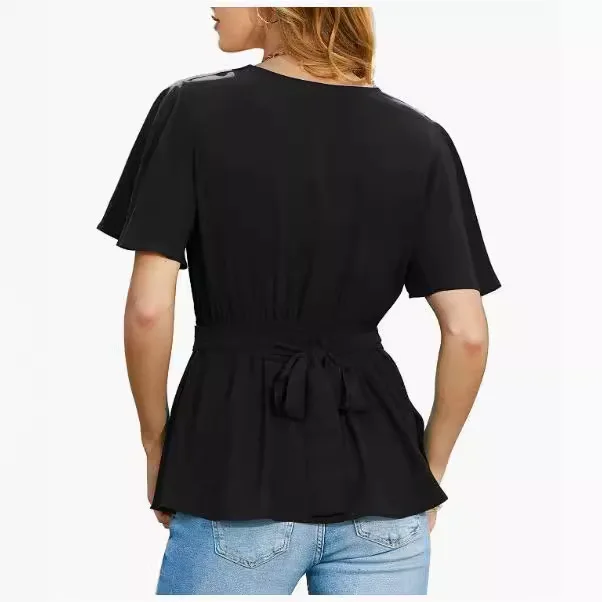 Damska bluzka z falbankami, letnia, kopertowa, z krótkim rękawem, dekolt w serek, top z paskiem.