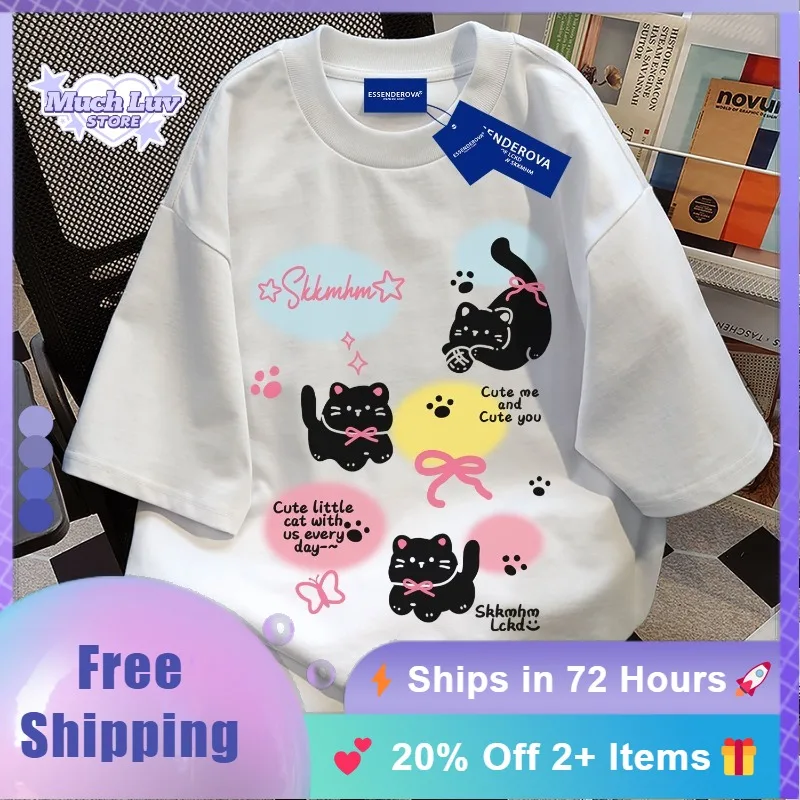 

Cute Little Black Cat Color Printed T-shirt White Gray Round Neck Women's T-shirt 100% Pure Cotton Summer Kawaii Cute Casual Top