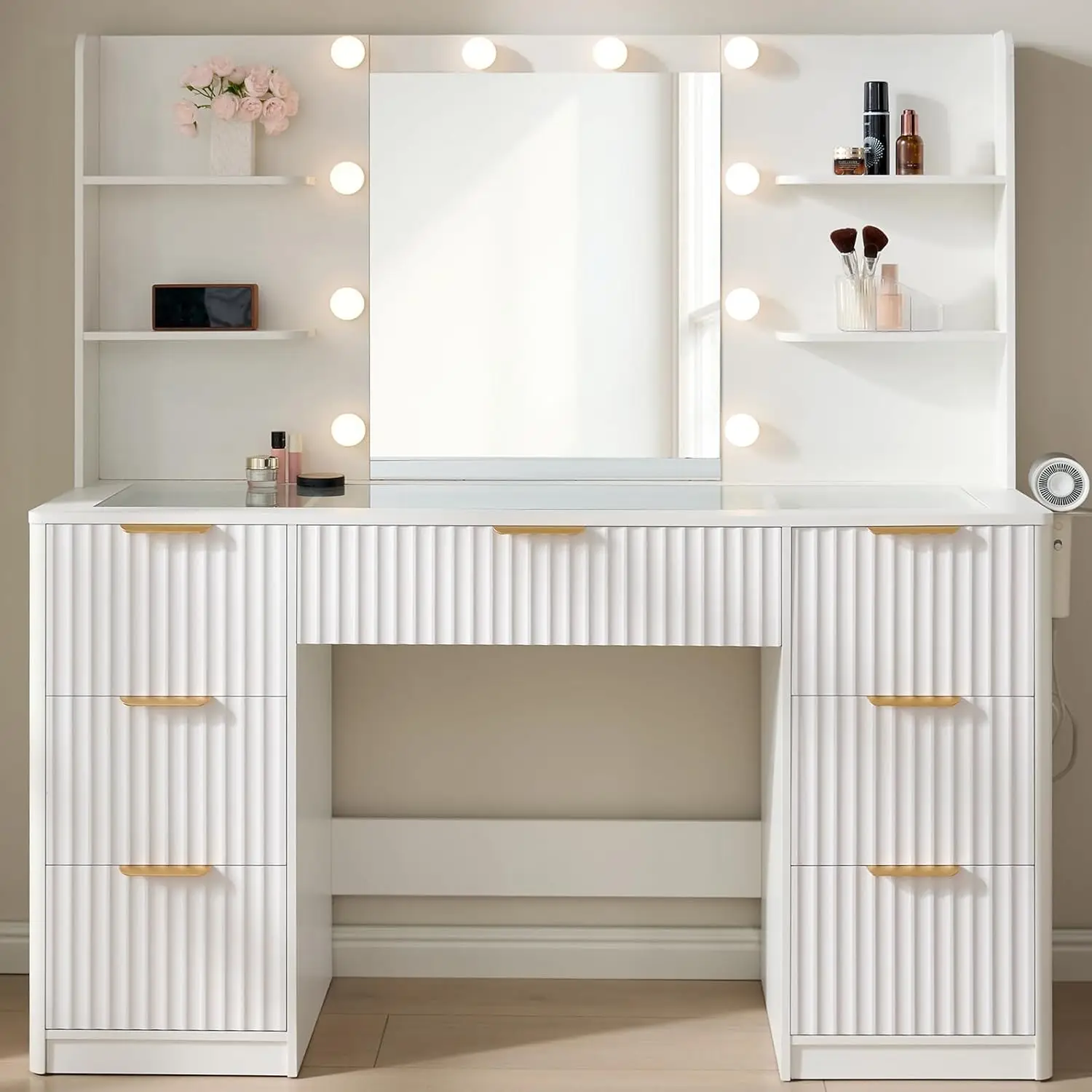 

7-Drawer Fluted Vanity Table with Mirror and LED Lights, White Glass Top, Charging Station for Bedroom or Dorm