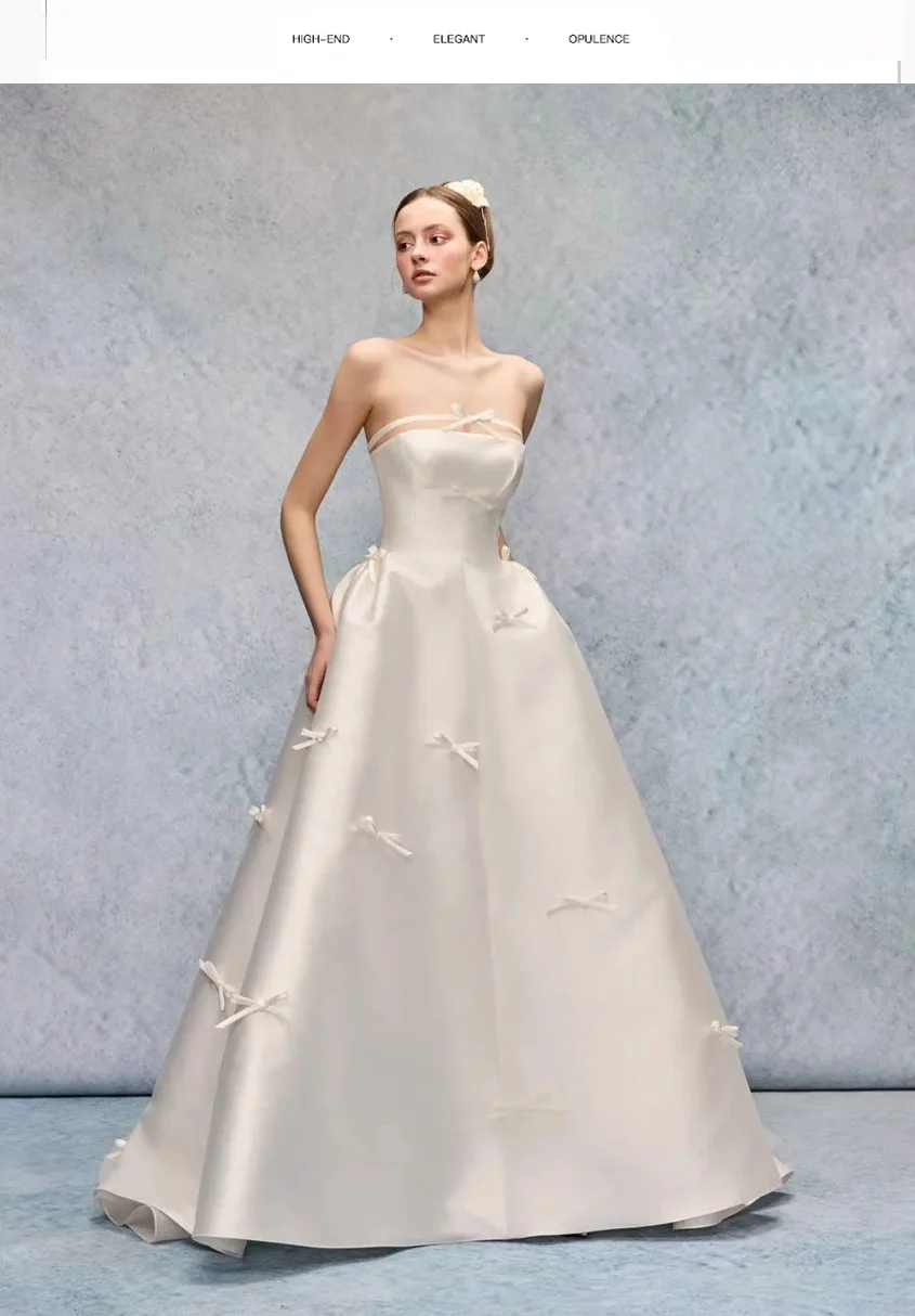 Abiti da sposa coreani Bowith Abito da sposa in raso con fiocco senza spalline Abito da sposa senza maniche lungo fino al pavimento personalizzato