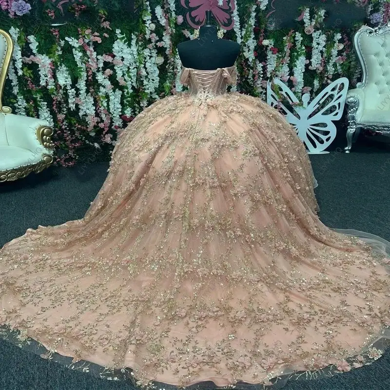 Pink Off The Shoulder Long Beading Crystal Quinceanera Dresses Ball Gown 3D Flowers Gold Appliques Lace Up Sweet Princess 2024