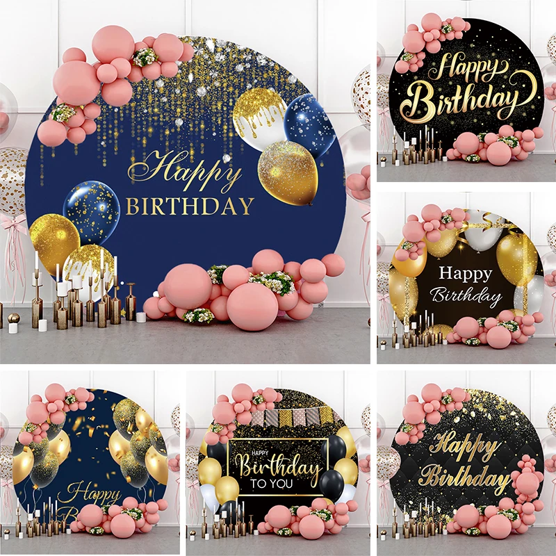 Blue and Gold Glitter Sequin Happy Birthday Round Backdrop Woman Man's Party Black Balloon Decor Circle Photo Background Cover