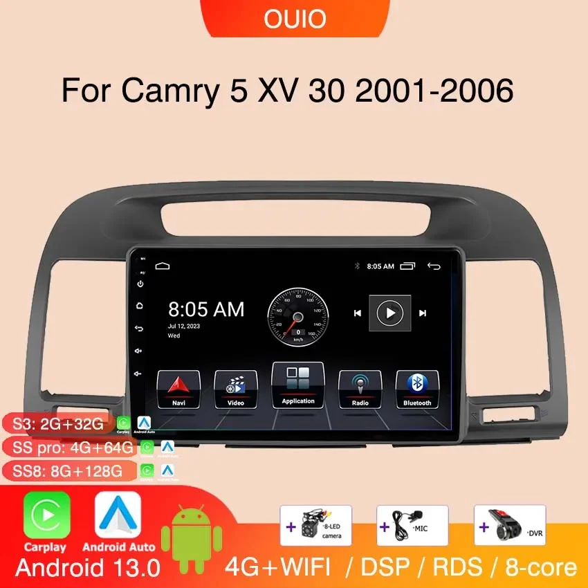 Android 13 8GB+128GB For Toyota Camry 5 XV 30 2001-2006 Car Radio Multimedia Player Carplay Auto GPS Navigation DSP 2din no dvd