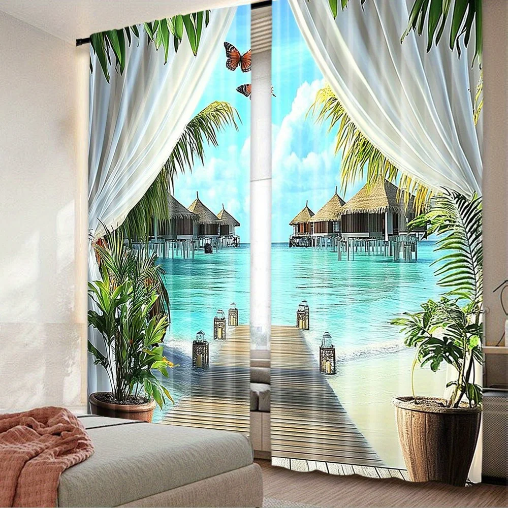 Tropical Beach Resort Curtains Polyester Window Drapes Ocean View Sunlight Filtering Curtain Panel for Living Room Bedroom Decor