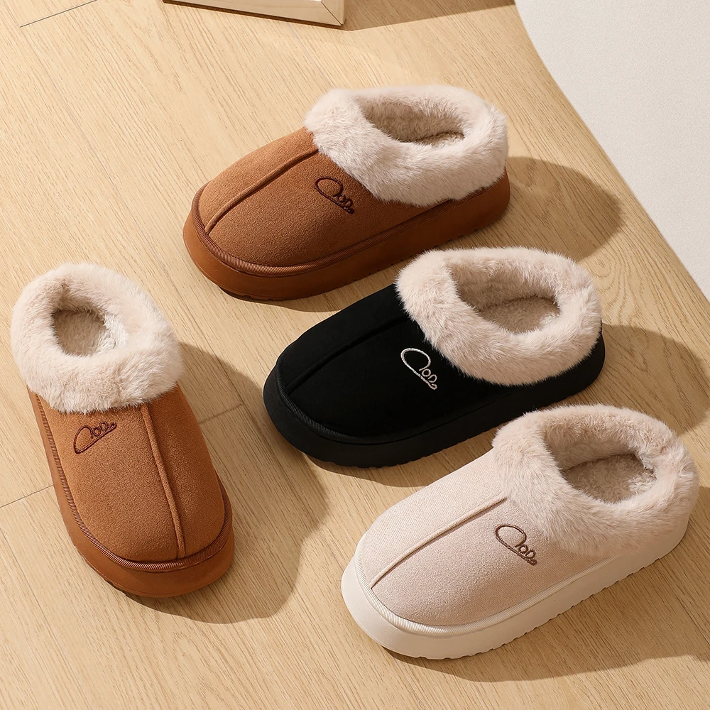 New Concise Fashion Winter Warm Closed-toe Fluffy Slippers For Women Platform Non-slip Slides Ladies' Mule Home Cotton Shoes