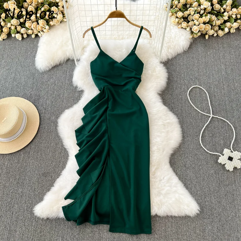 Neploe V Neck Sleeveless Solid Color Vest Robe Femme Vestidos De Mujer Elegant Ruffles Slim Split Hip Package Party Dresses