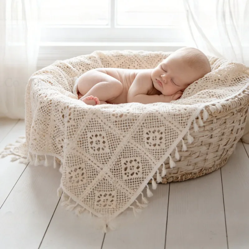 

Vintage Lace Tassel Blanket, Square Baby Receiving Blanket, Soft Hollow Out Basket Filler , Newborn Photography & Baby Shower