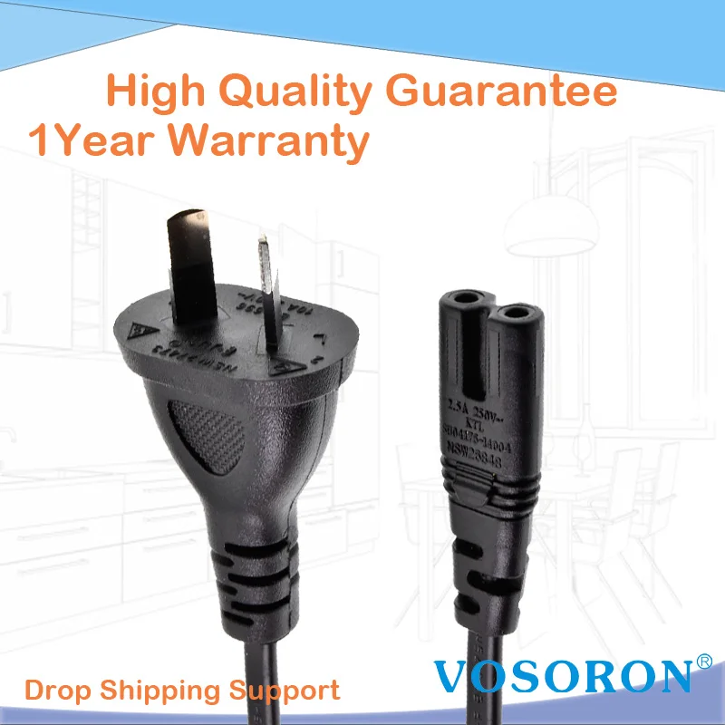 Australia SAA Approved AU 2-Pin to C7 Figure 8 Power Cord for Laptop/PS4/Home Appliance, 250V 2.5A, 1.8m, H05VVH2-F 2×0.75mm²