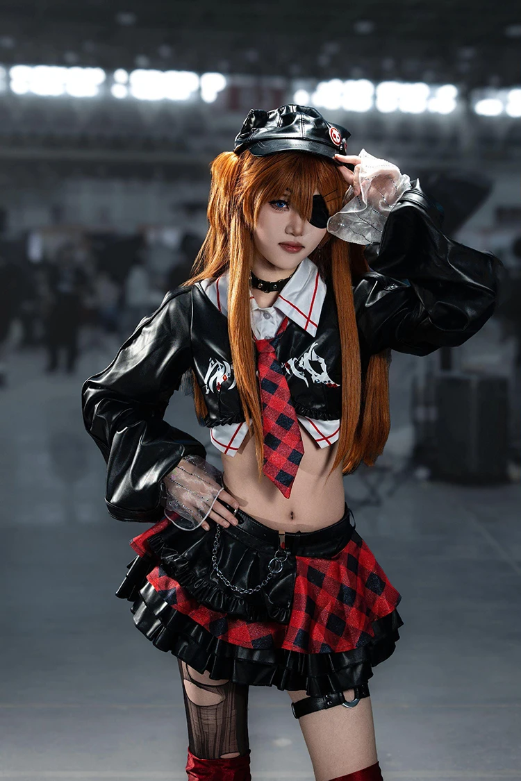 アニメ新エヴァンゲリオン 惣流・アスカ・ラングレー コスプレ衣装 シキナミ・アスカ・ラングレー エヴァ ロックバンド衣装 女性用トップス スカート ウィッグ セクシーセット