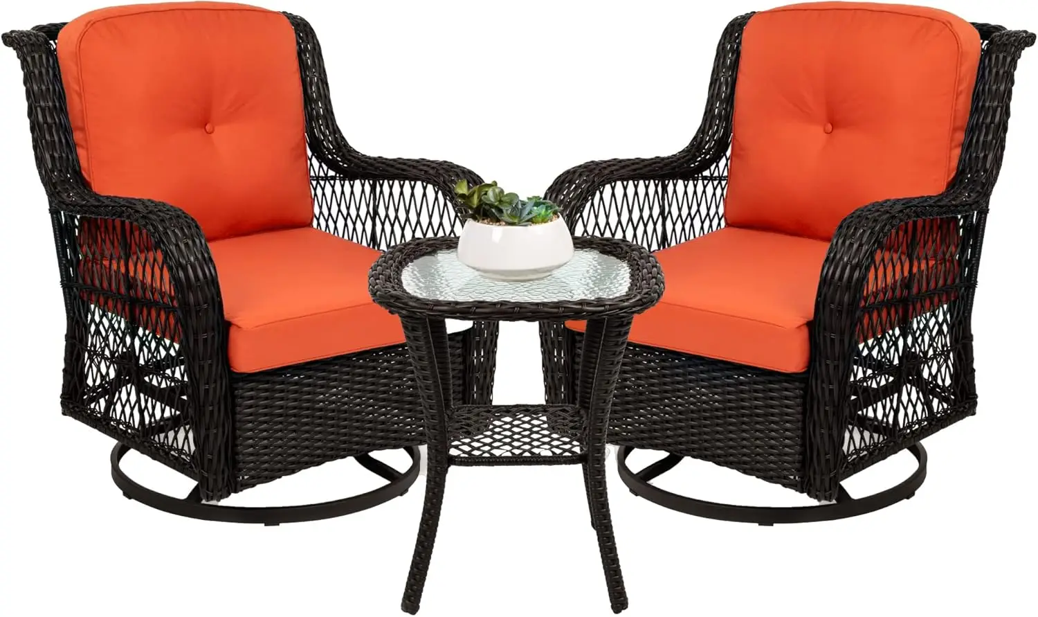 

3-Piece Outdoor Wicker Patio Bistro Set w/ 2 360-Degree Swivel Rocking Chairs and Tempered Glass Top Side Table - Rust