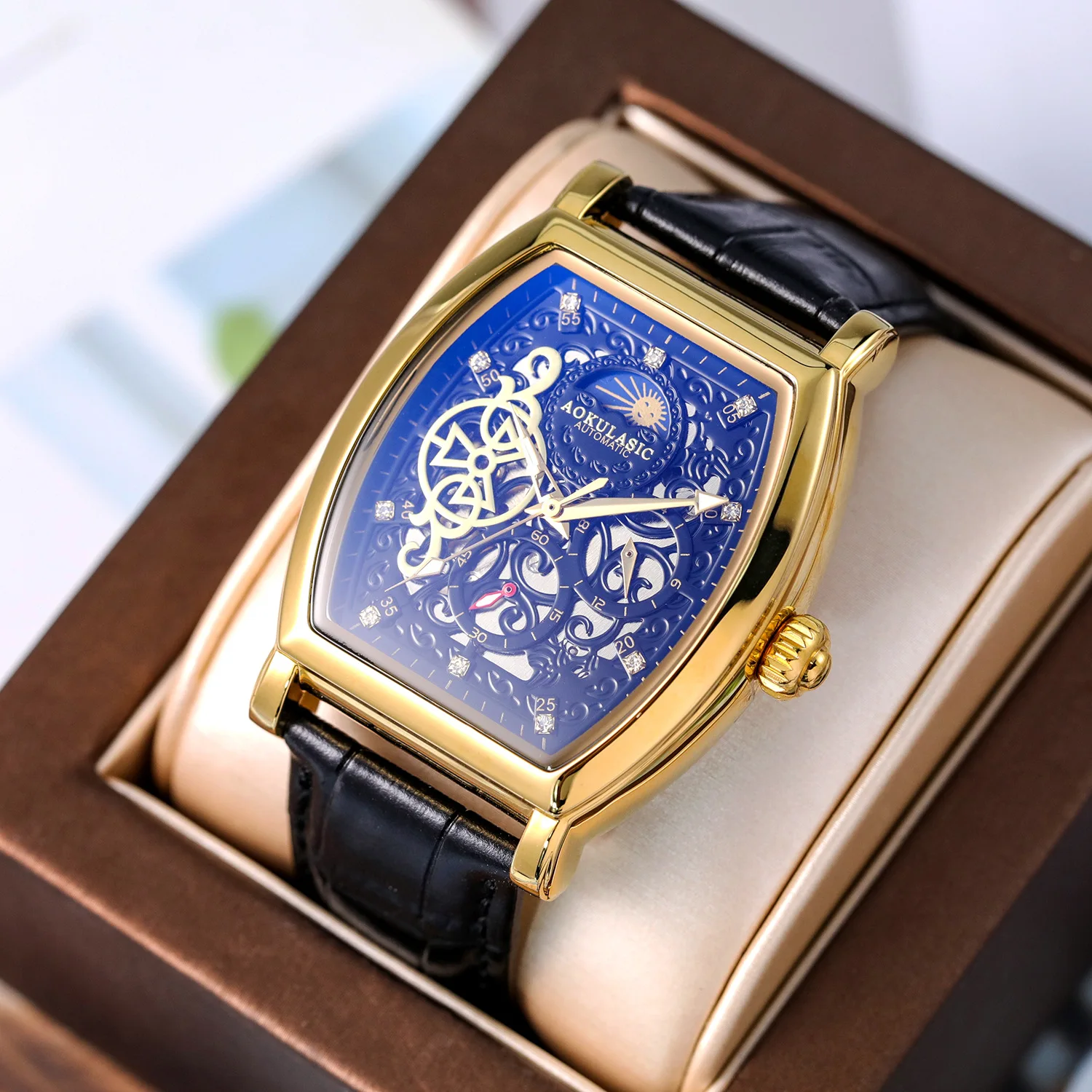 

Stainless Tonneau Skeleton Exhibition Caseback Luminous Waterproof Precision Leather Strap Self-Wind Automatic Watch for Men