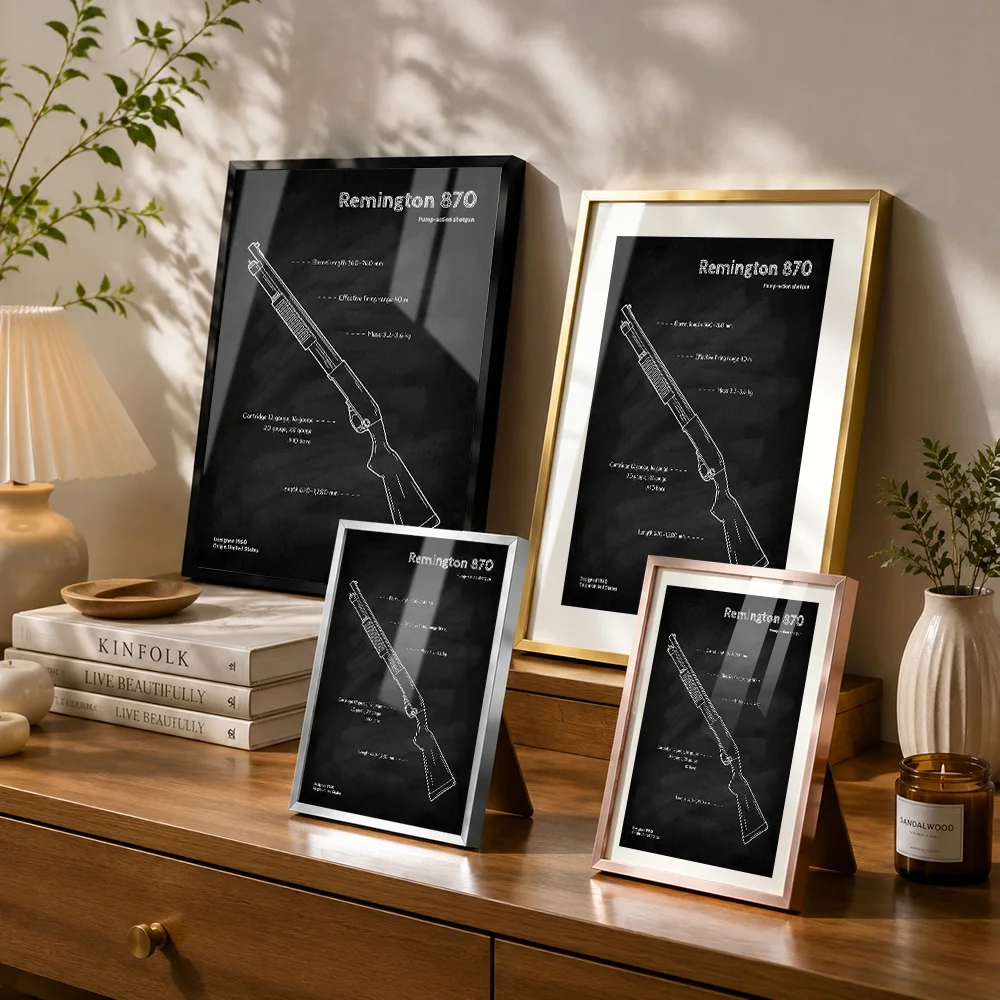 Remington 870 Shotgun Blueprint Framed Metal Print Customized Photo Drafting Style Wall Art For Study Thoughtful Inventor Gift view 3