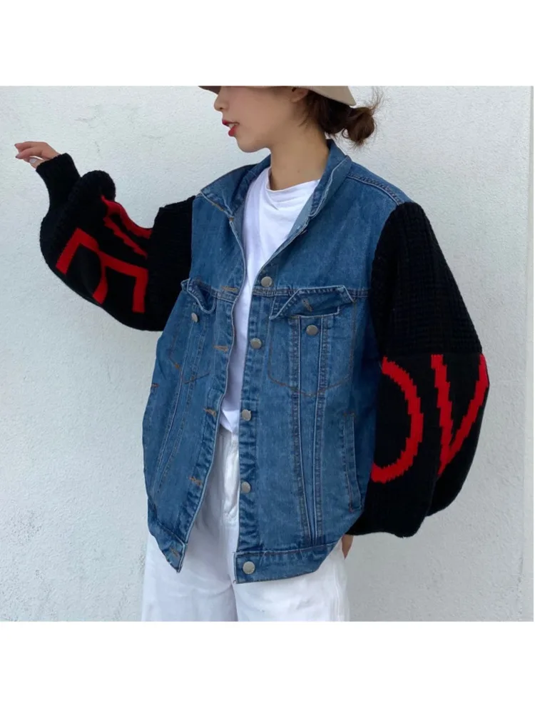 

2023 New Jeans Stitched Knit Sleeve Jacket Foreign Style Fashion European Style New Heavy Industry Embroidered