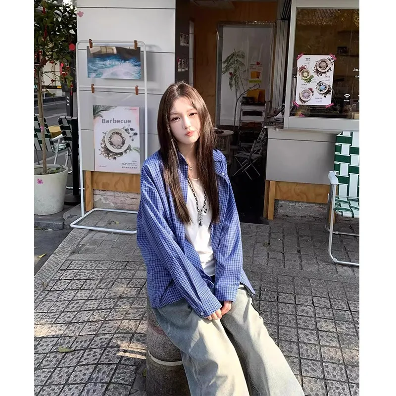 

Ретро-рубашка женская синяя в клетку с длинным рукавом, повседневная, свободного кроя, ранняя осень 2025, новинка, кардиган в стиле кэжуал, верхняя одежда, топ