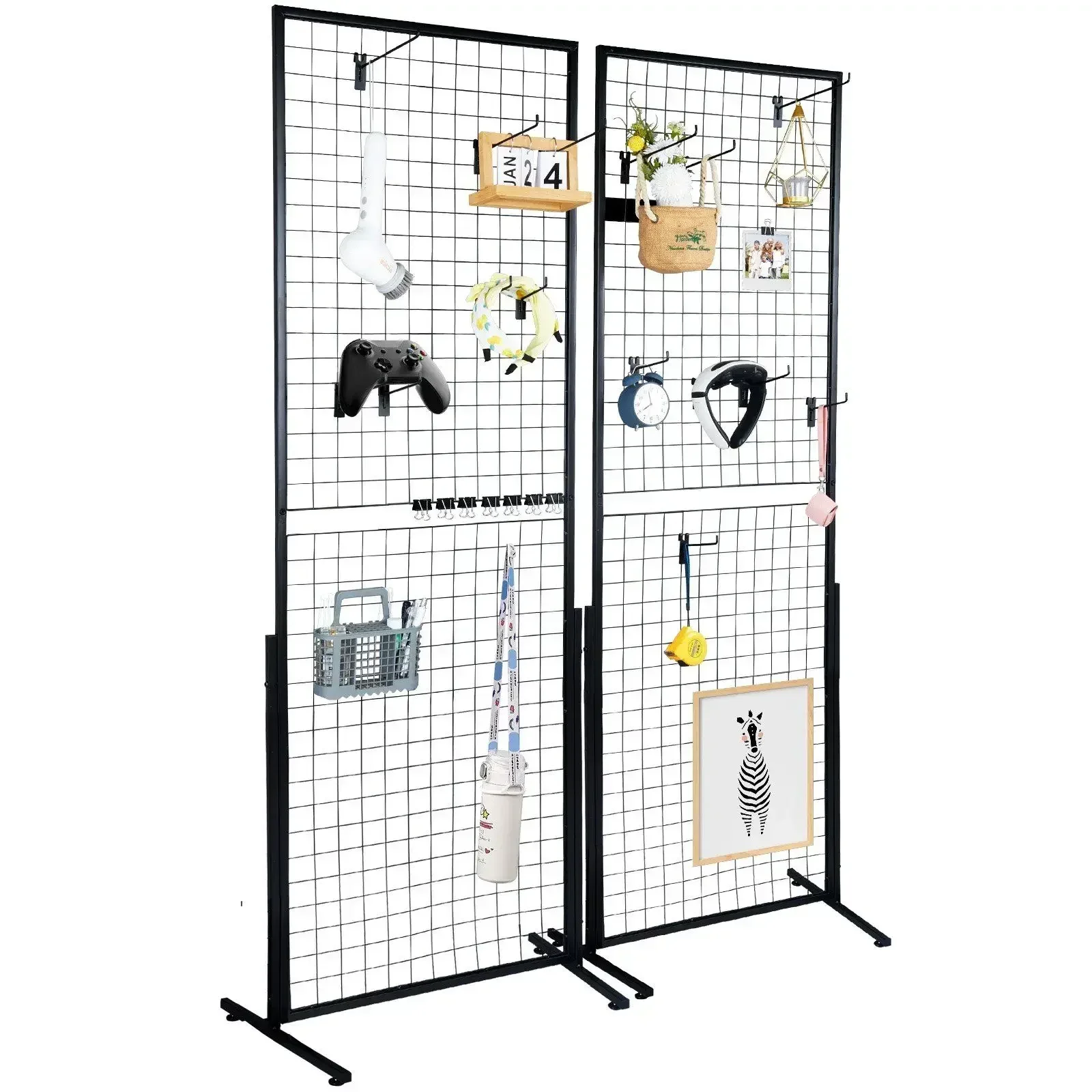

2 - Pack 2'x5.6' Double Side Grid Wall Display Rack - Floorstanding, 60lbs Load, Retail/Art Show w/ Clips Hooks