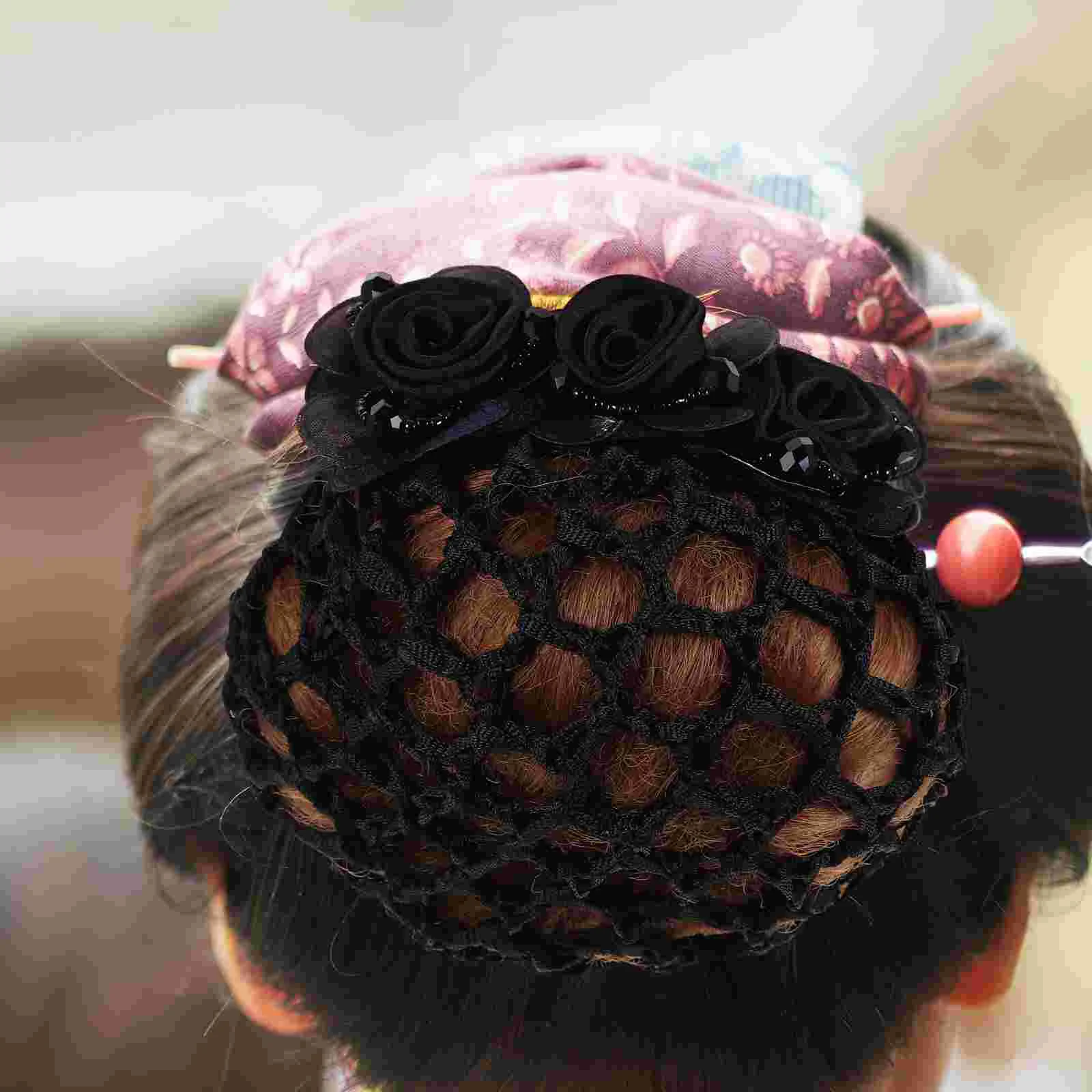 Hair Cover Fabric Silk Yarn Simple Flower Net Pocket Head Top Clip Accessories One-word (red Thick Mesh) Clips Bun Black