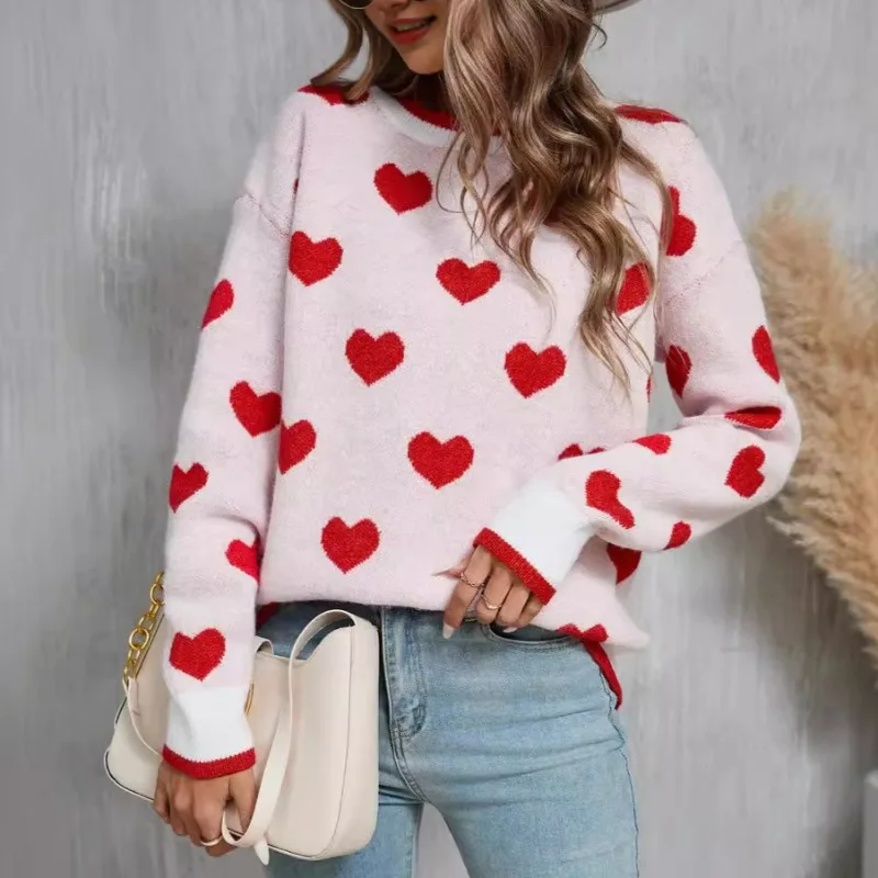 Casual Love Sweter z dzianiny Bluza z kapturem na zimę Sweter damski 2024 Nowy Luźny sweter z długim rękawem Love Woman Tops