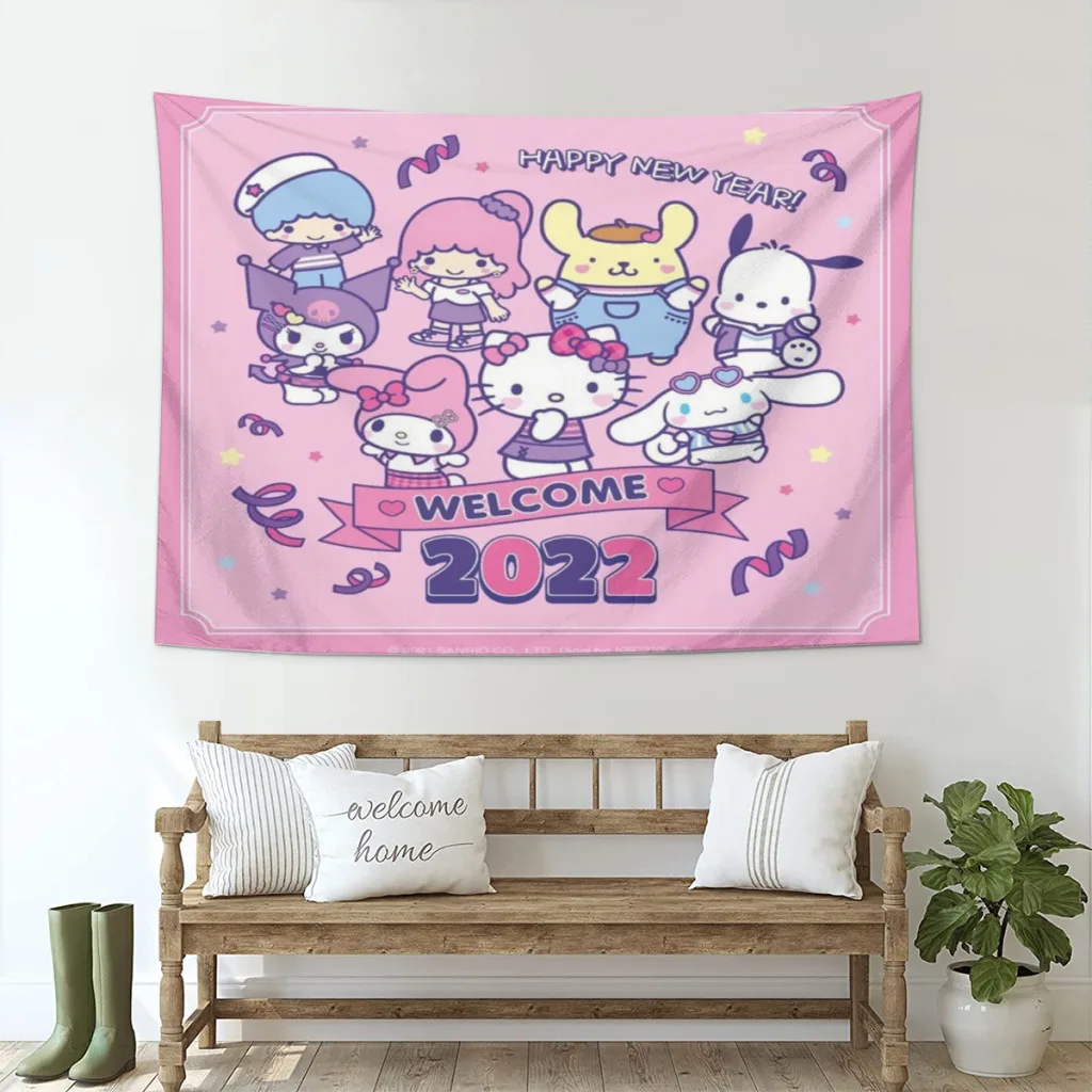 Cute Anime Sanrio Hello Kitty Kawaii Fabric Tapestry    for Wall Bedroom Room Decorating Items