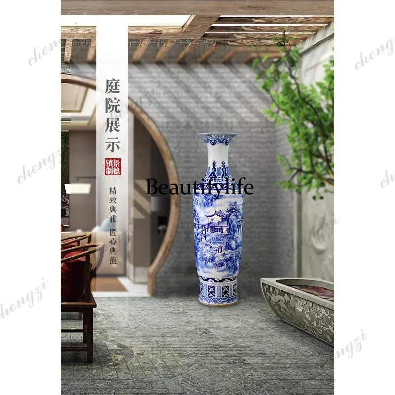 Ceramics hand-painted pavilions landscape blue and white porcelain floor-to-ceiling large vase living room decoration ornament